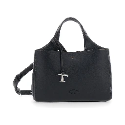 Black Handbag with Adjustable and Removable Shoulder Strap and T Plate on the Front in Leather for Women