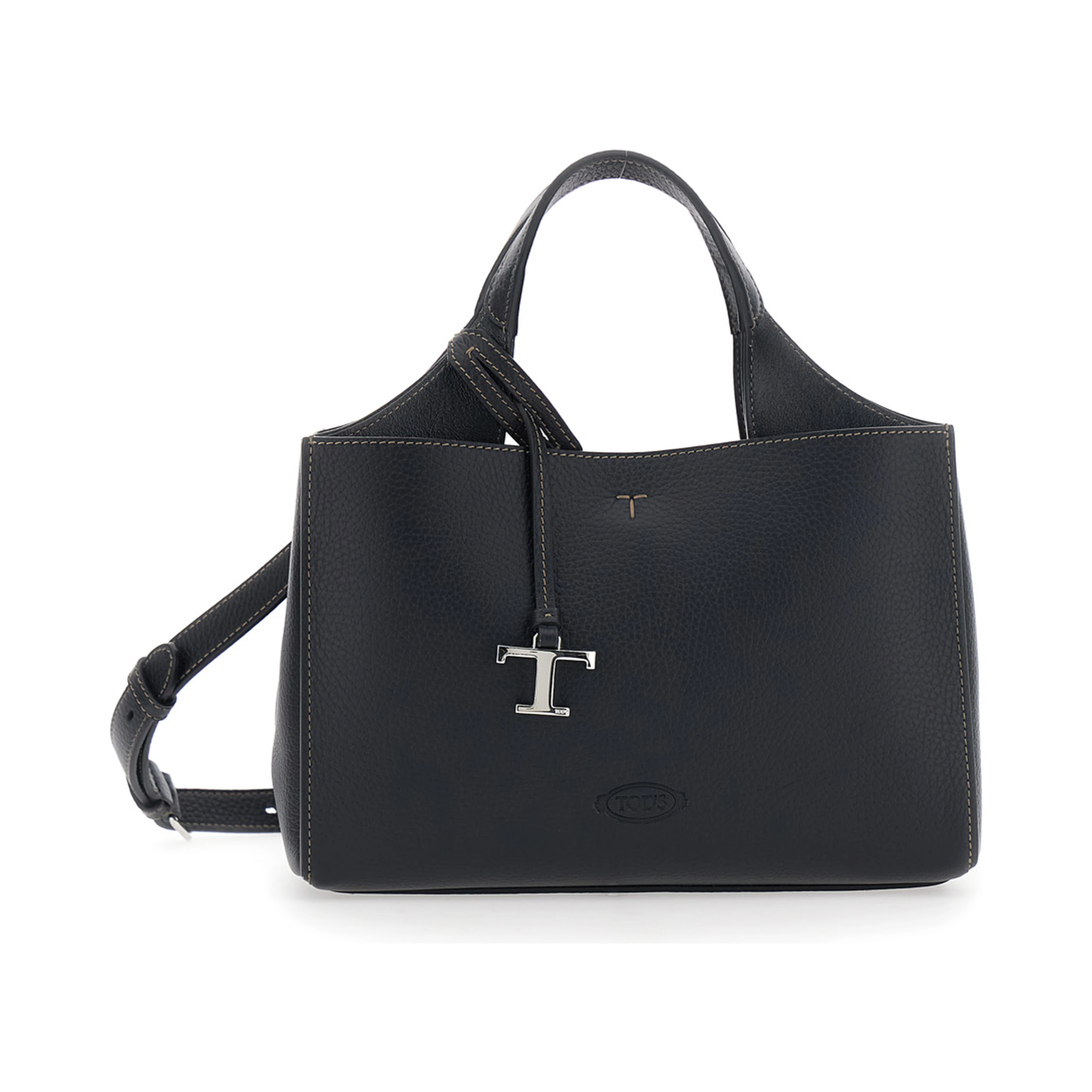 Black Handbag with Adjustable and Removable Shoulder Strap and T Plate on the Front in Leather for Women