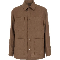 Brown Jacket with Classic Collar and Four Patch Pockets on the Front in Linen for Men