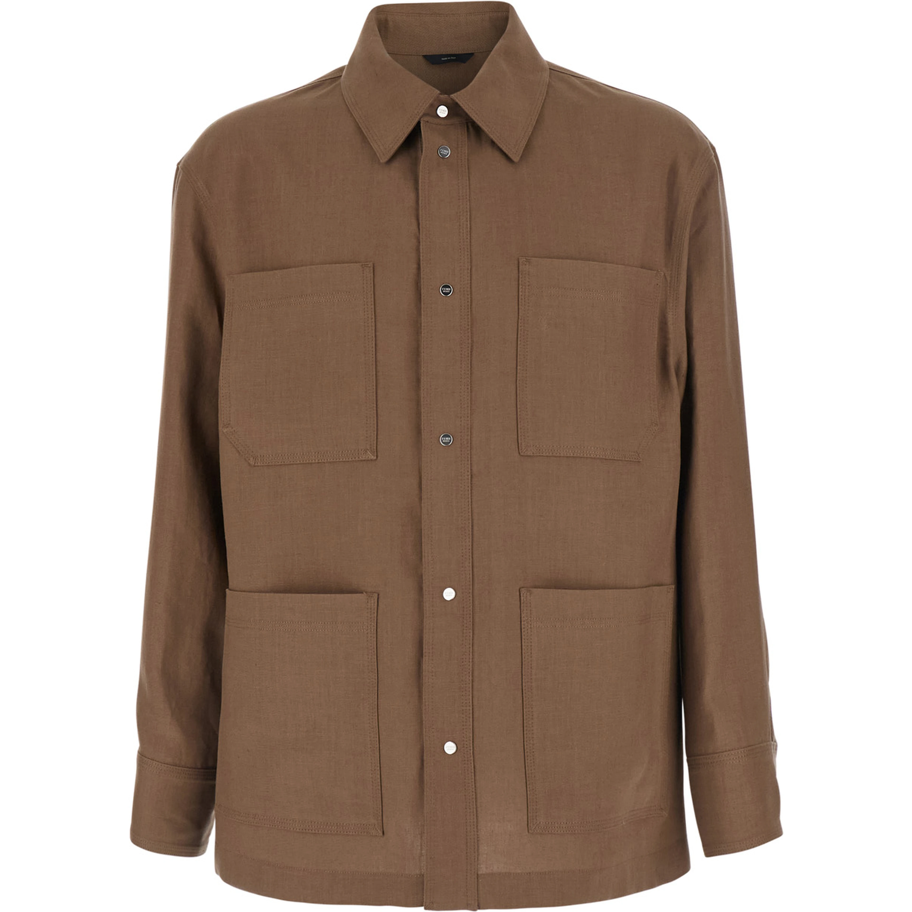 Brown Jacket with Classic Collar and Four Patch Pockets on the Front in Linen for Men