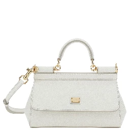 Sicily White Handbag with Adjustable and Removable Shoulder Strap and Logo Plate on the Front in Leather for Women