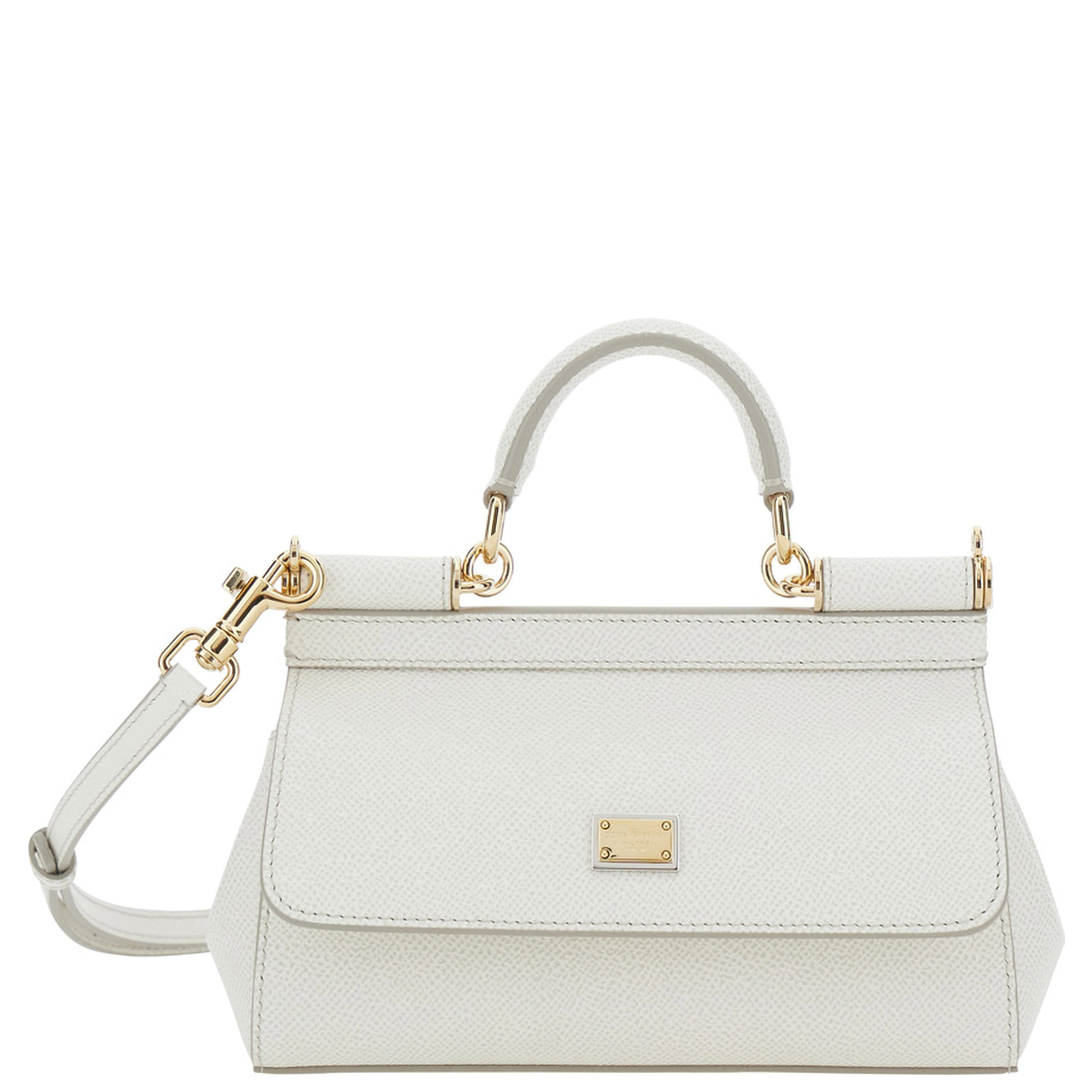 Sicily White Handbag with Adjustable and Removable Shoulder Strap and Logo Plate on the Front in Leather for Women