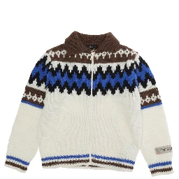 Multicolor Cardigan with geometric motif and logo patch on the sleeve in blend wool girl