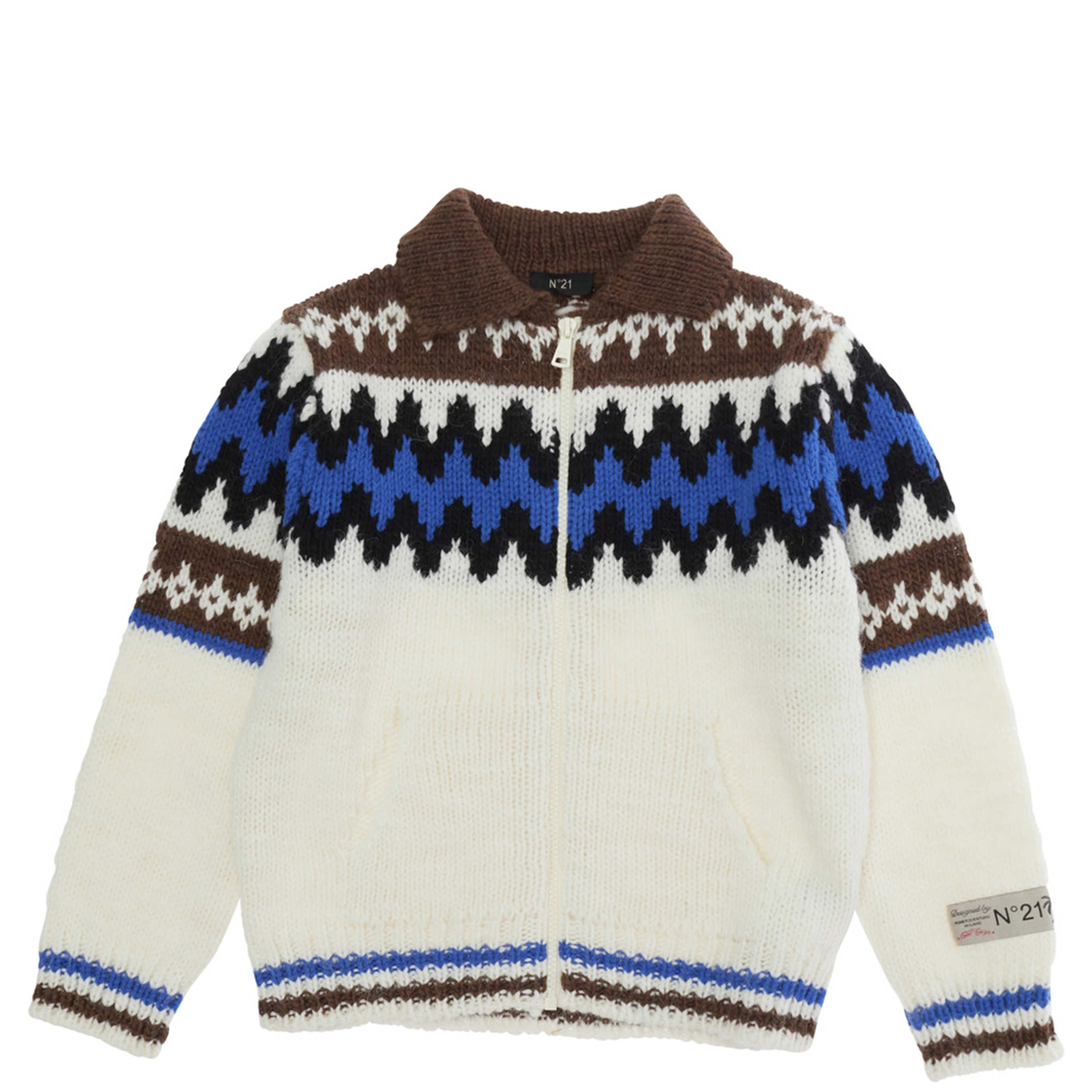 Multicolor Cardigan with geometric motif and logo patch on the sleeve in blend wool girl