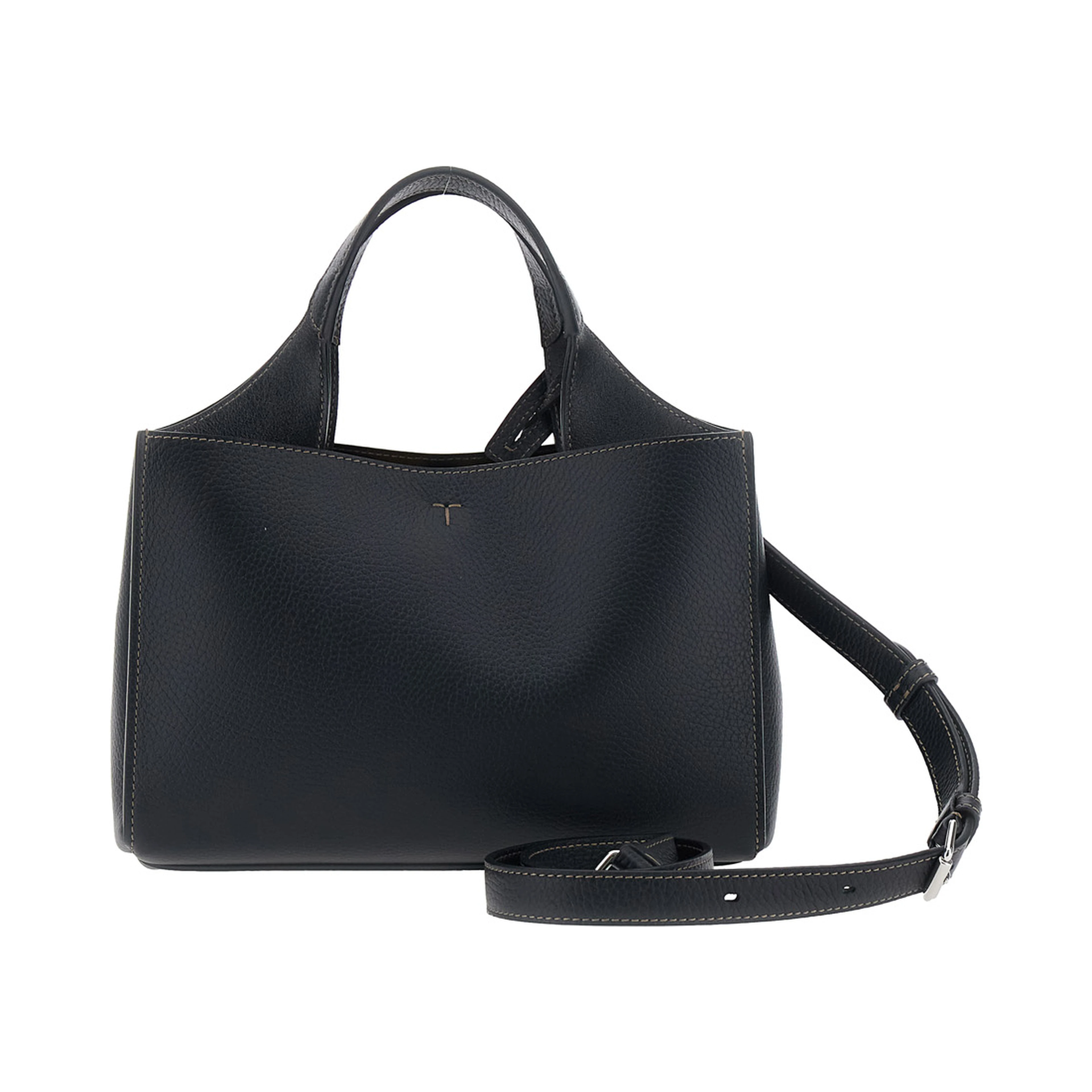 Black Handbag with Adjustable and Removable Shoulder Strap and T Plate on the Front in Leather for Women