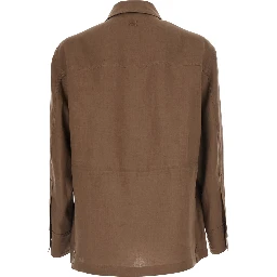 Brown Jacket with Classic Collar and Four Patch Pockets on the Front in Linen for Men