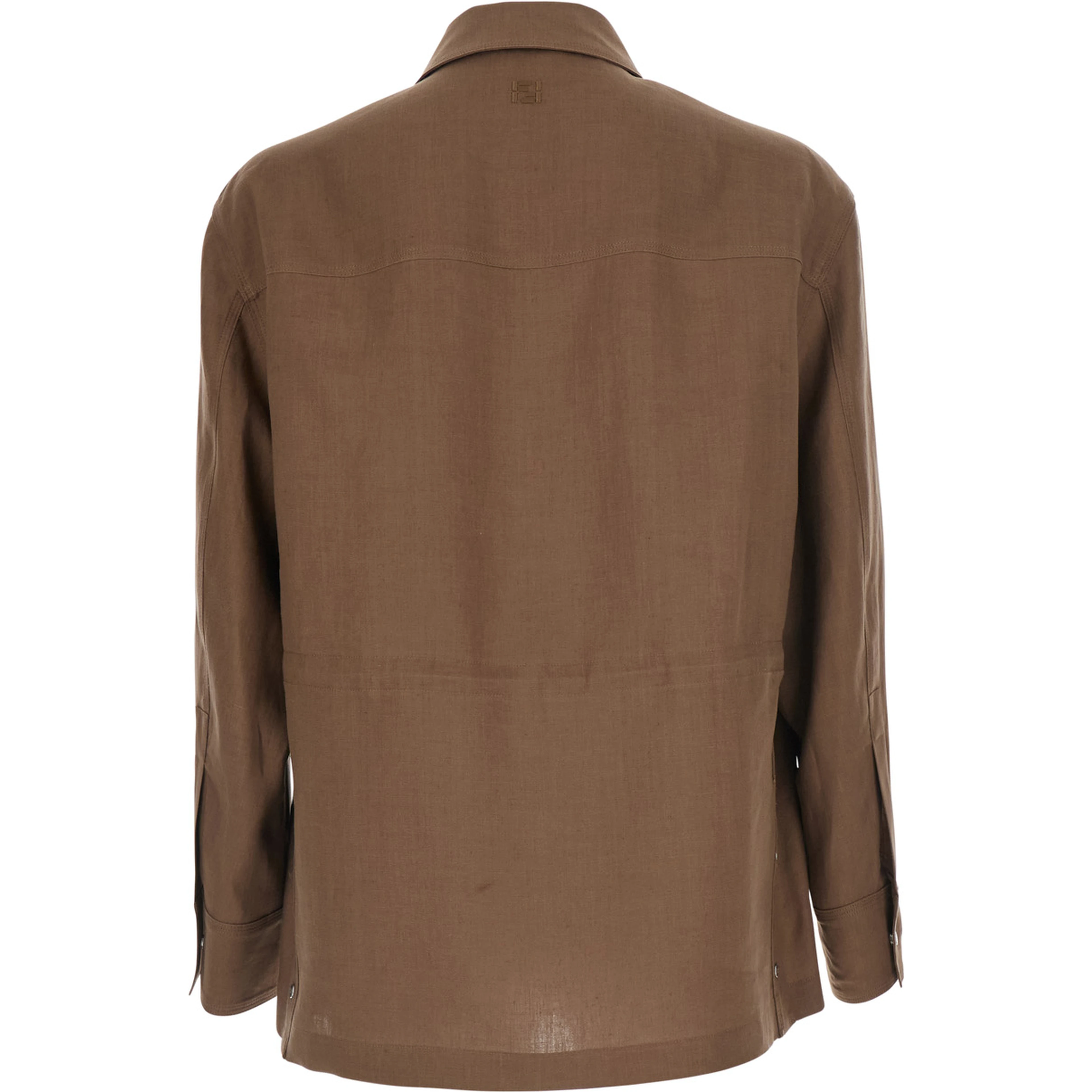 Brown Jacket with Classic Collar and Four Patch Pockets on the Front in Linen for Men