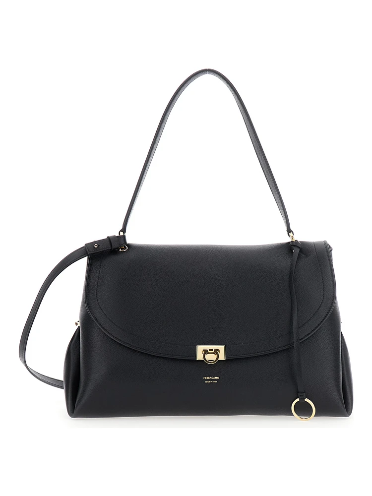 Black Shoulder bag with adjustable strap and Gancini buckle closure in leather for women