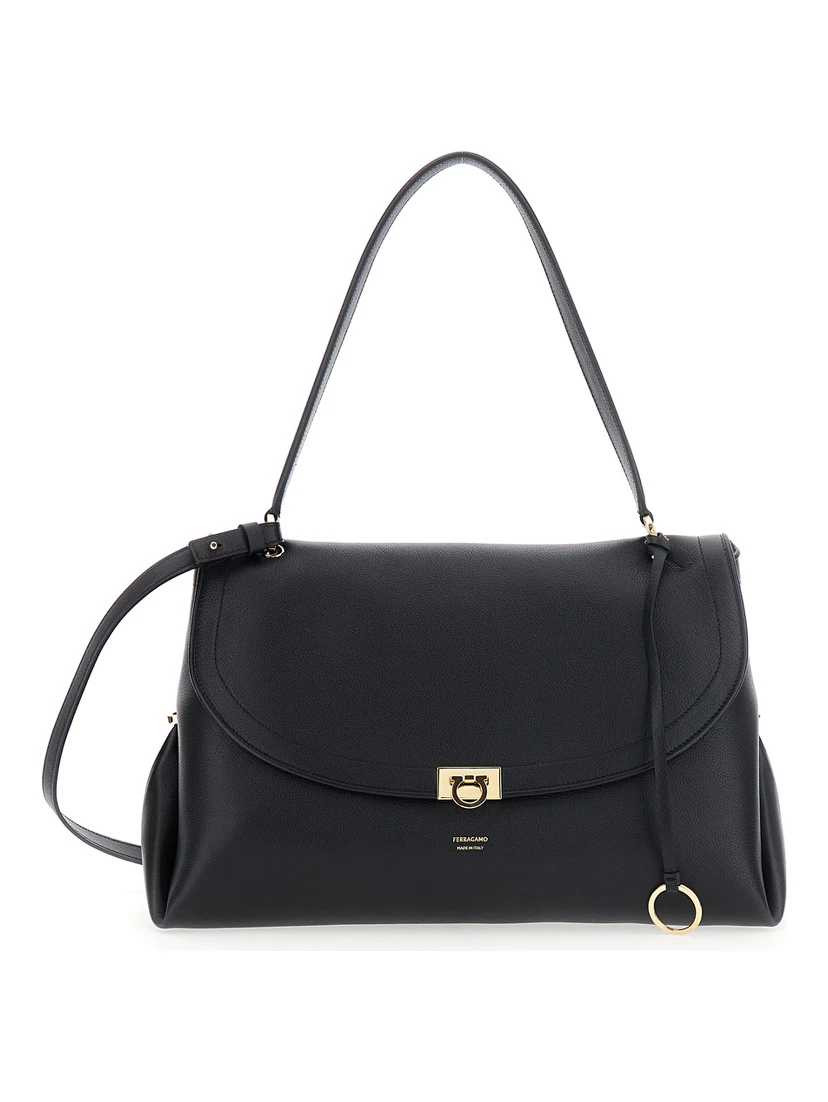 Black Shoulder bag with adjustable strap and Gancini buckle closure in leather for women