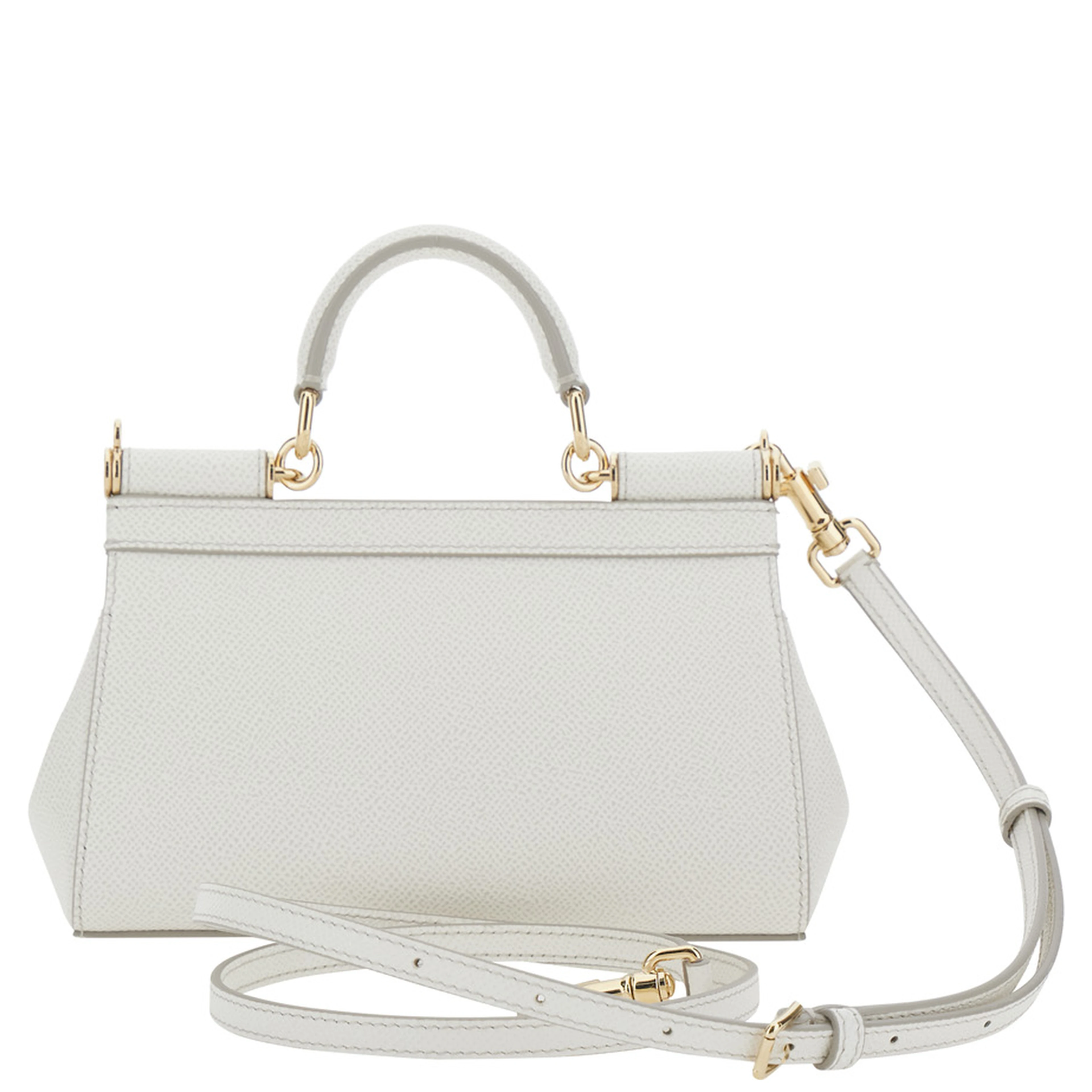 Sicily White Handbag with Adjustable and Removable Shoulder Strap and Logo Plate on the Front in Leather for Women