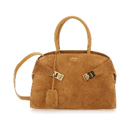 Handbag Hug Small with Logo and Gancini Buckles on the Front in Suede Beige Woman