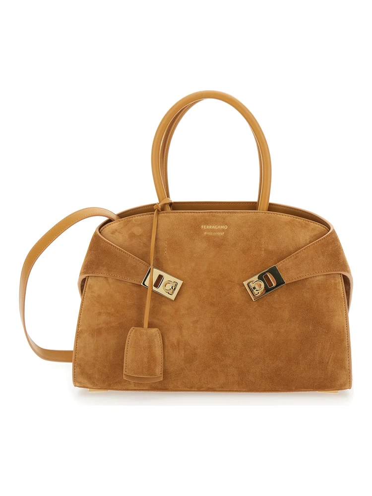 Handbag Hug Small with Logo and Gancini Buckles on the Front in Suede Beige Woman