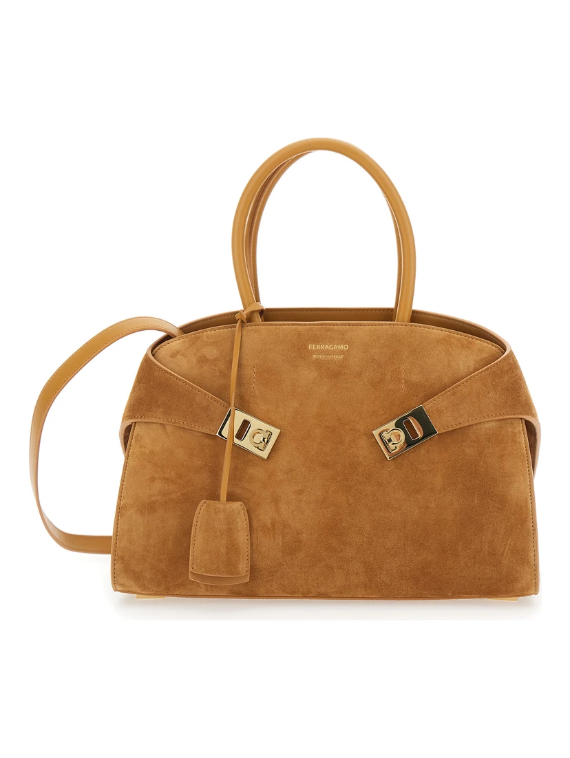 Handbag Hug Small with Logo and Gancini Buckles on the Front in Suede Beige Woman