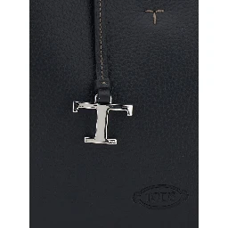 Black Handbag with Adjustable and Removable Shoulder Strap and T Plate on the Front in Leather for Women