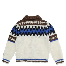 Multicolor Cardigan with geometric motif and logo patch on the sleeve in blend wool girl