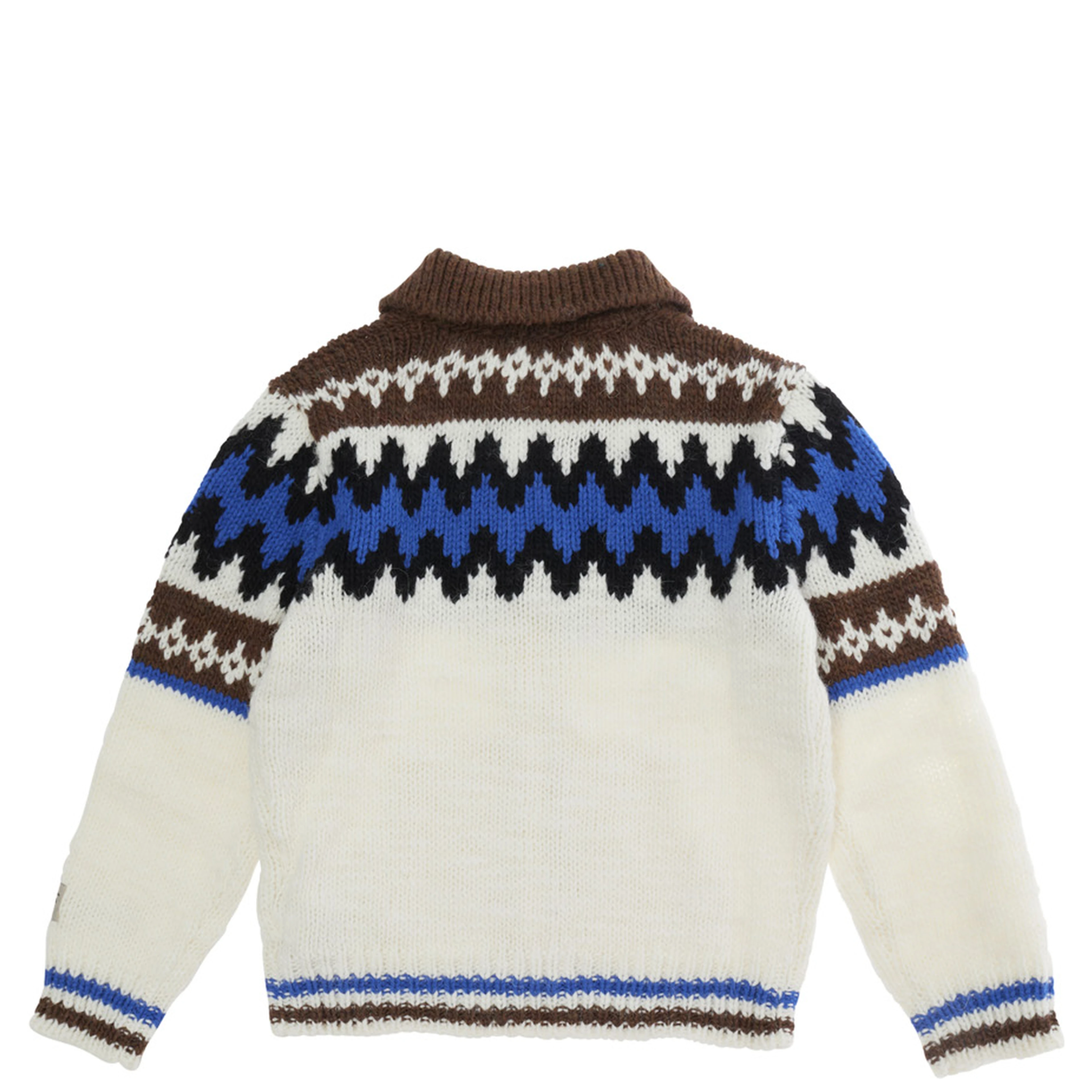 Multicolor Cardigan with geometric motif and logo patch on the sleeve in blend wool girl