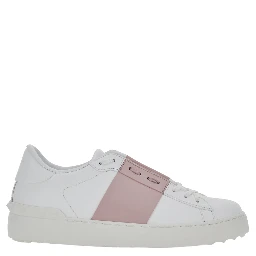 Open White Sneakers with Contrasting Pink Side Detail in Leather for Women