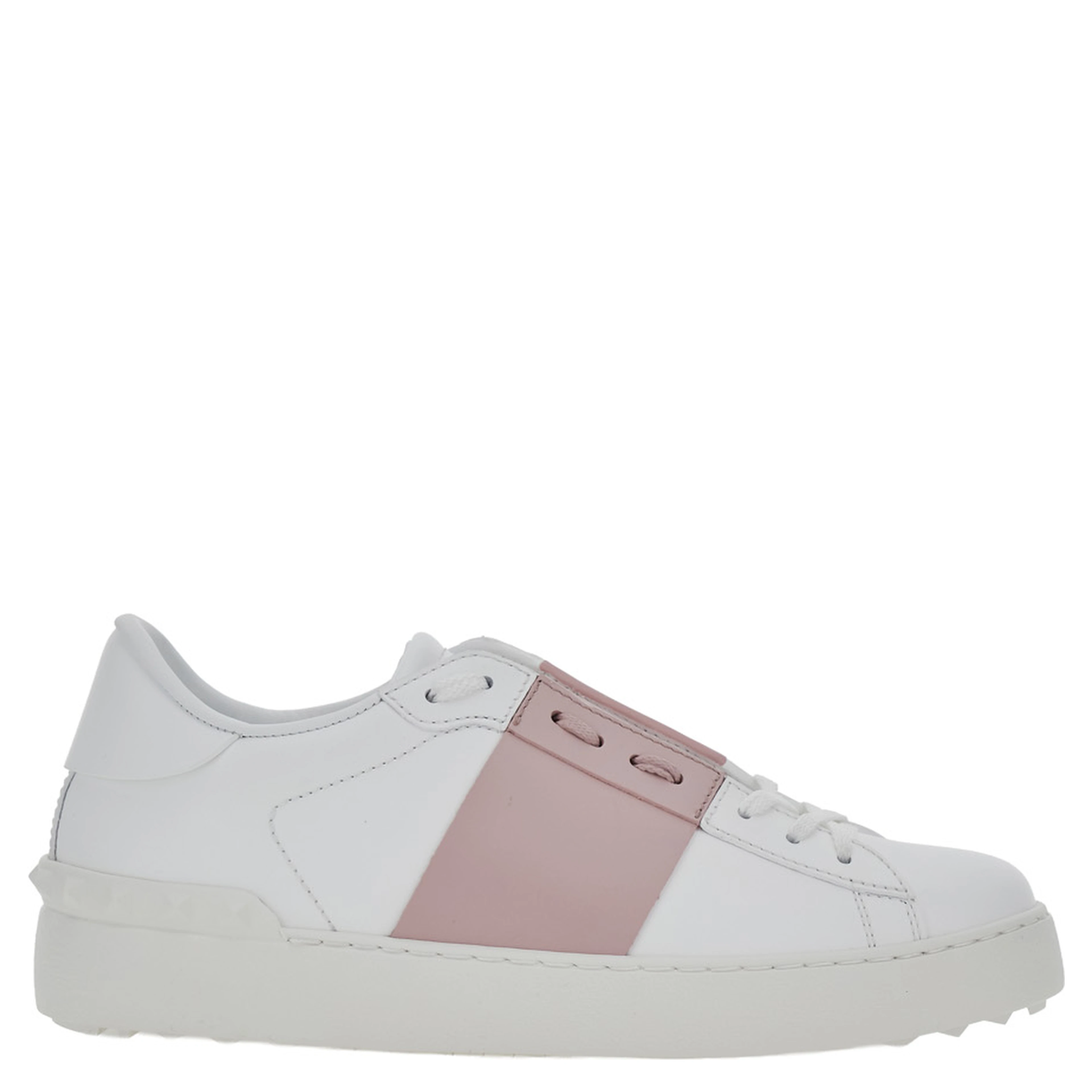 Open White Sneakers with Contrasting Pink Side Detail in Leather for Women