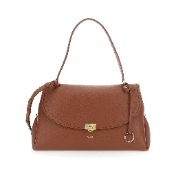 Brown Shoulder Bag with Gancini Buckle and Adjustable, Removable Shoulder Strap in Leather for Women