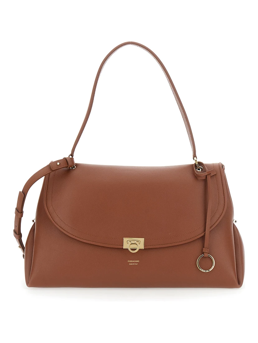 Brown Shoulder Bag with Gancini Buckle and Adjustable, Removable Shoulder Strap in Leather for Women