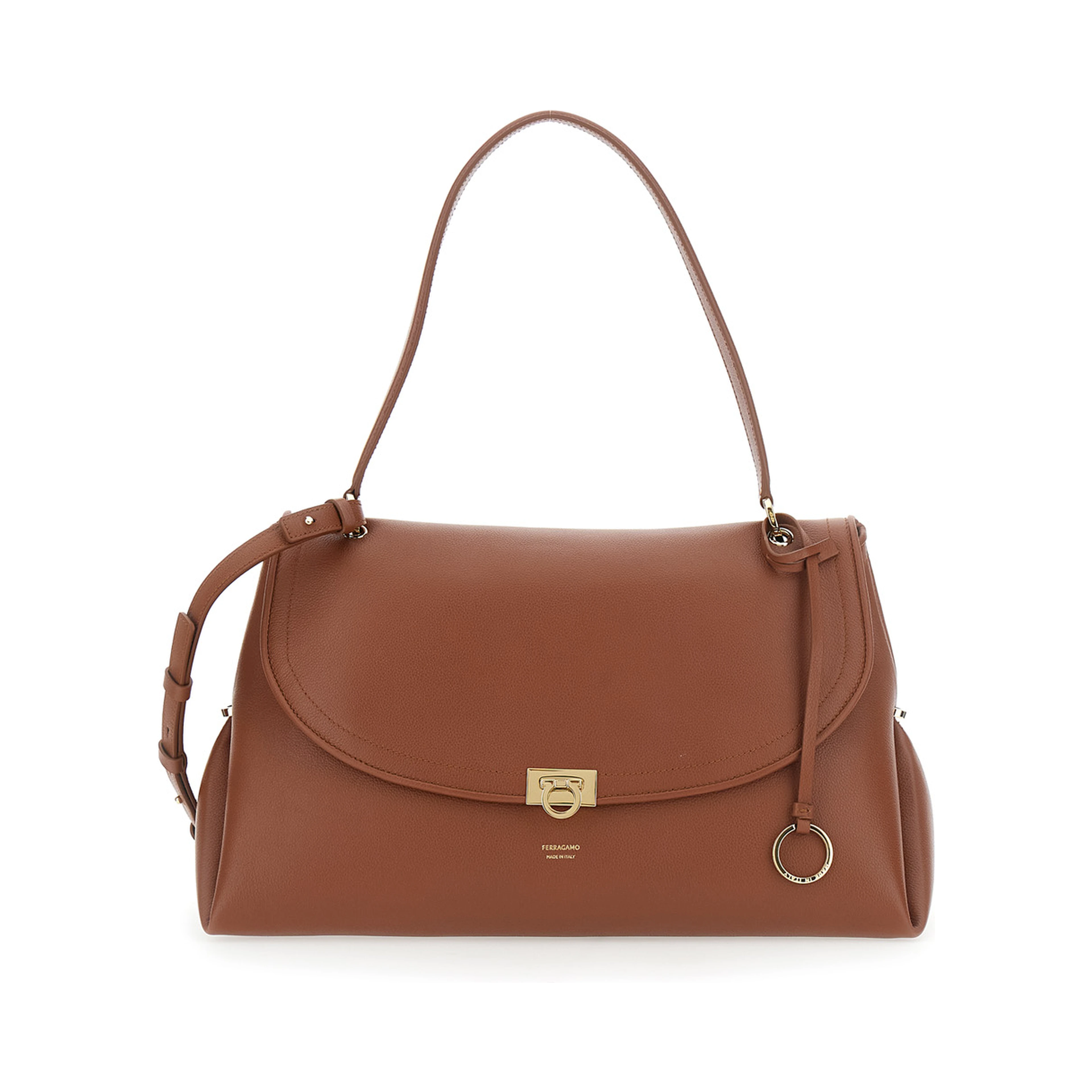 Brown Shoulder Bag with Gancini Buckle and Adjustable, Removable Shoulder Strap in Leather for Women