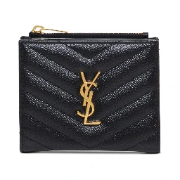 Wallet Chevron with Metal Logo in Black Leather for Women