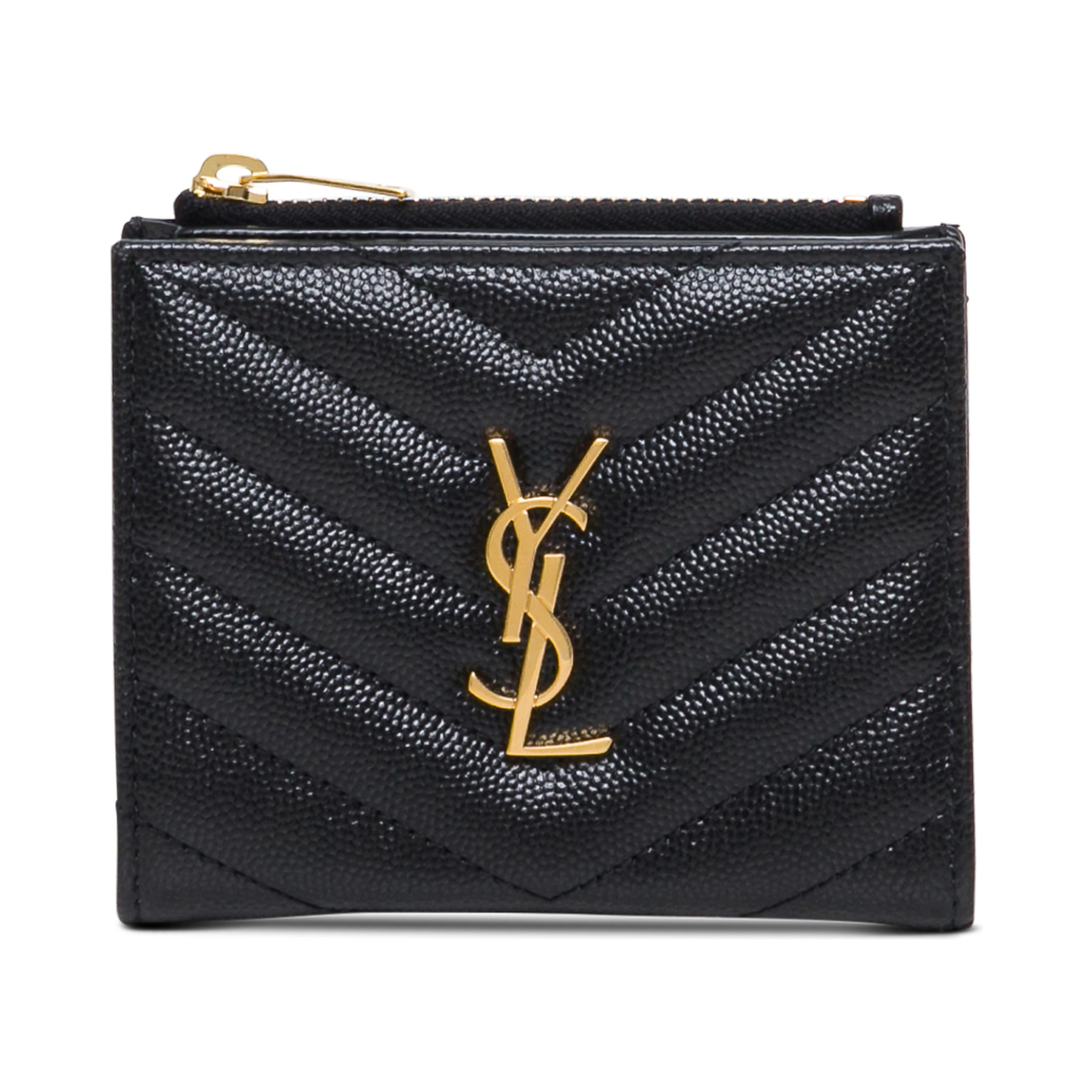 Wallet Chevron with Metal Logo in Black Leather for Women