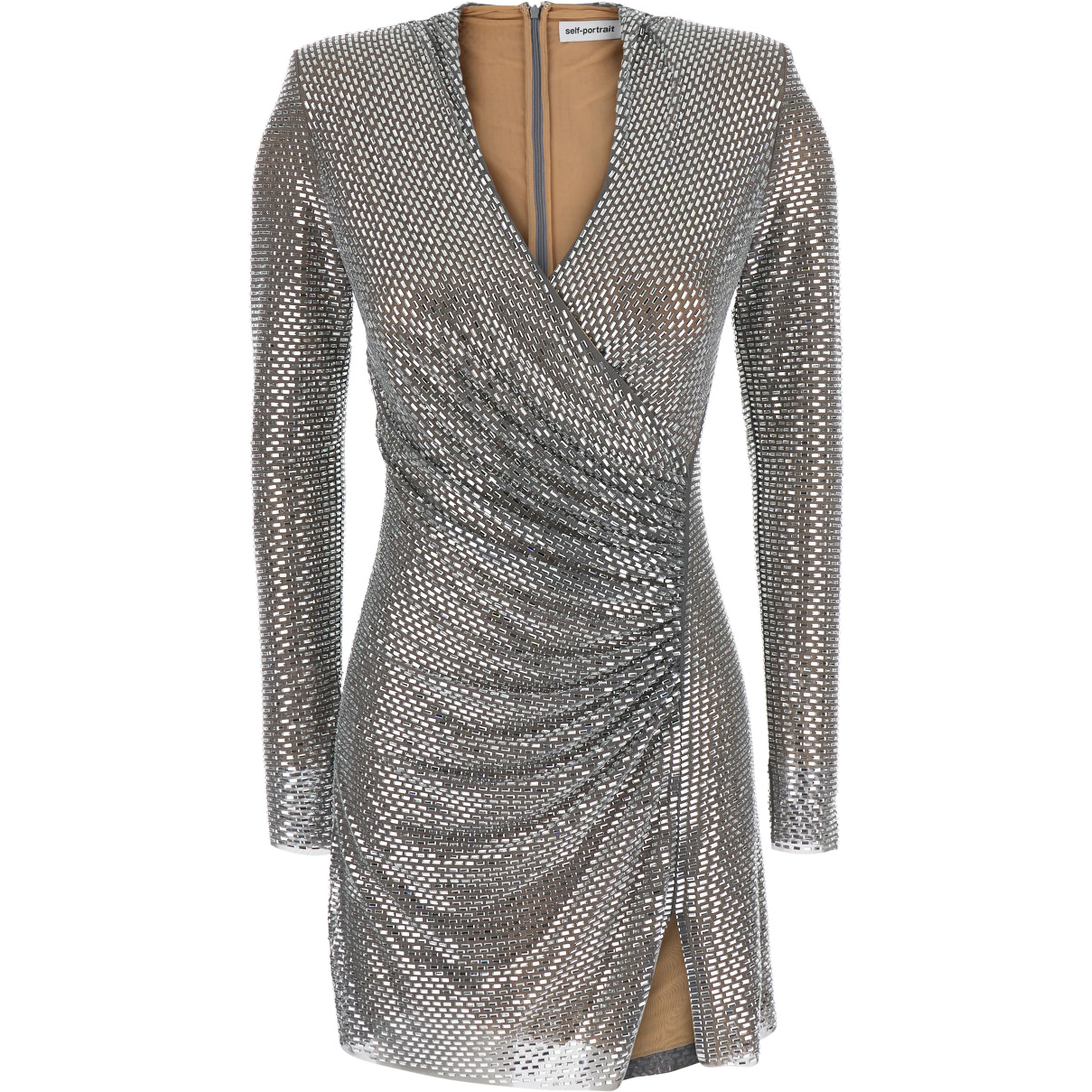 silver colored Dress with draping and applied jewels all-over in Tech Fabric Women