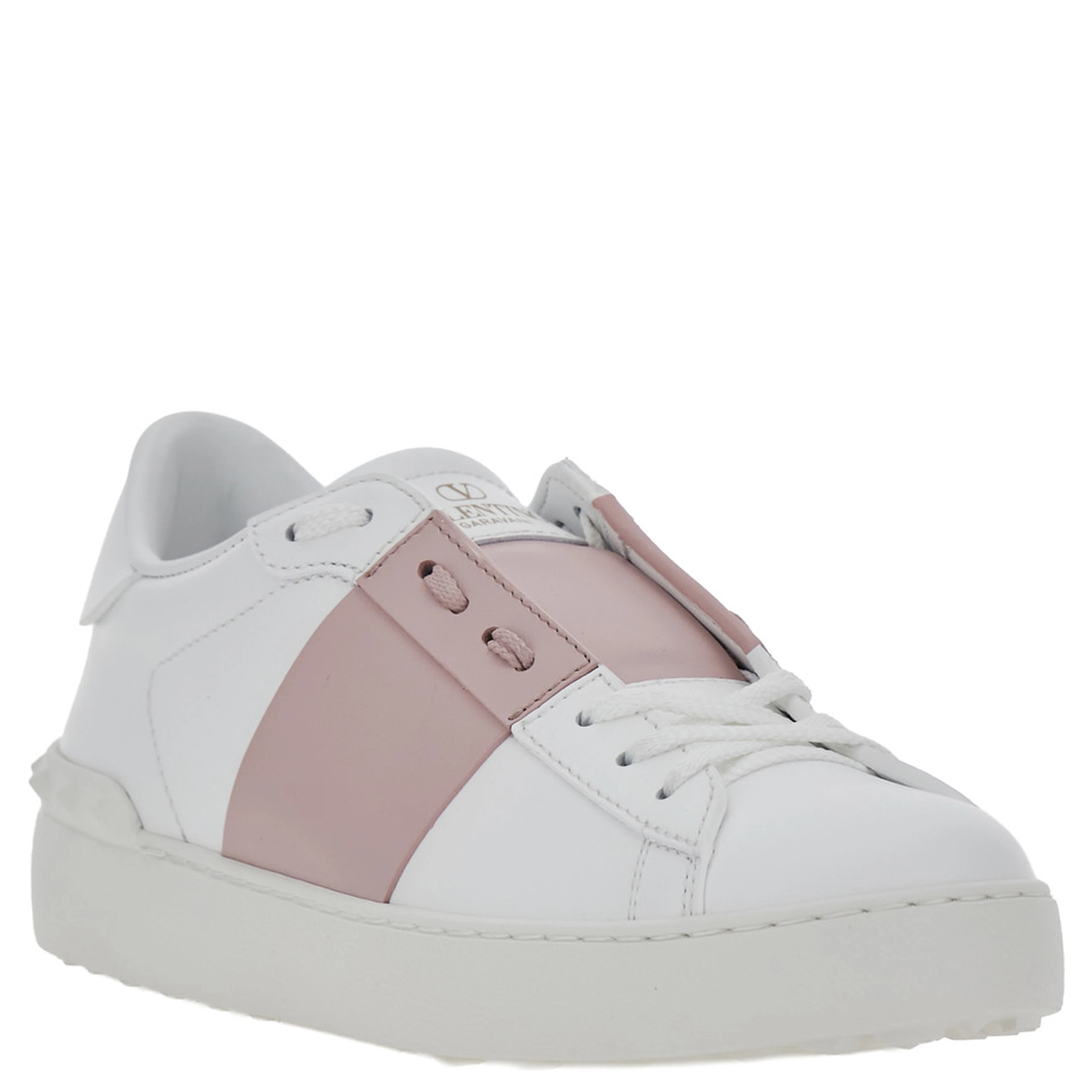 Open White Sneakers with Contrasting Pink Side Detail in Leather for Women