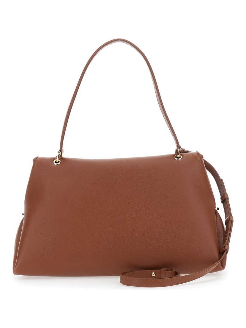 Brown Shoulder Bag with Gancini Buckle and Adjustable, Removable Shoulder Strap in Leather for Women