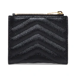 Wallet Chevron with Metal Logo in Black Leather for Women