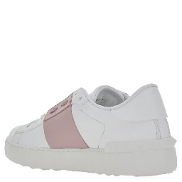 Open White Sneakers with Contrasting Pink Side Detail in Leather for Women