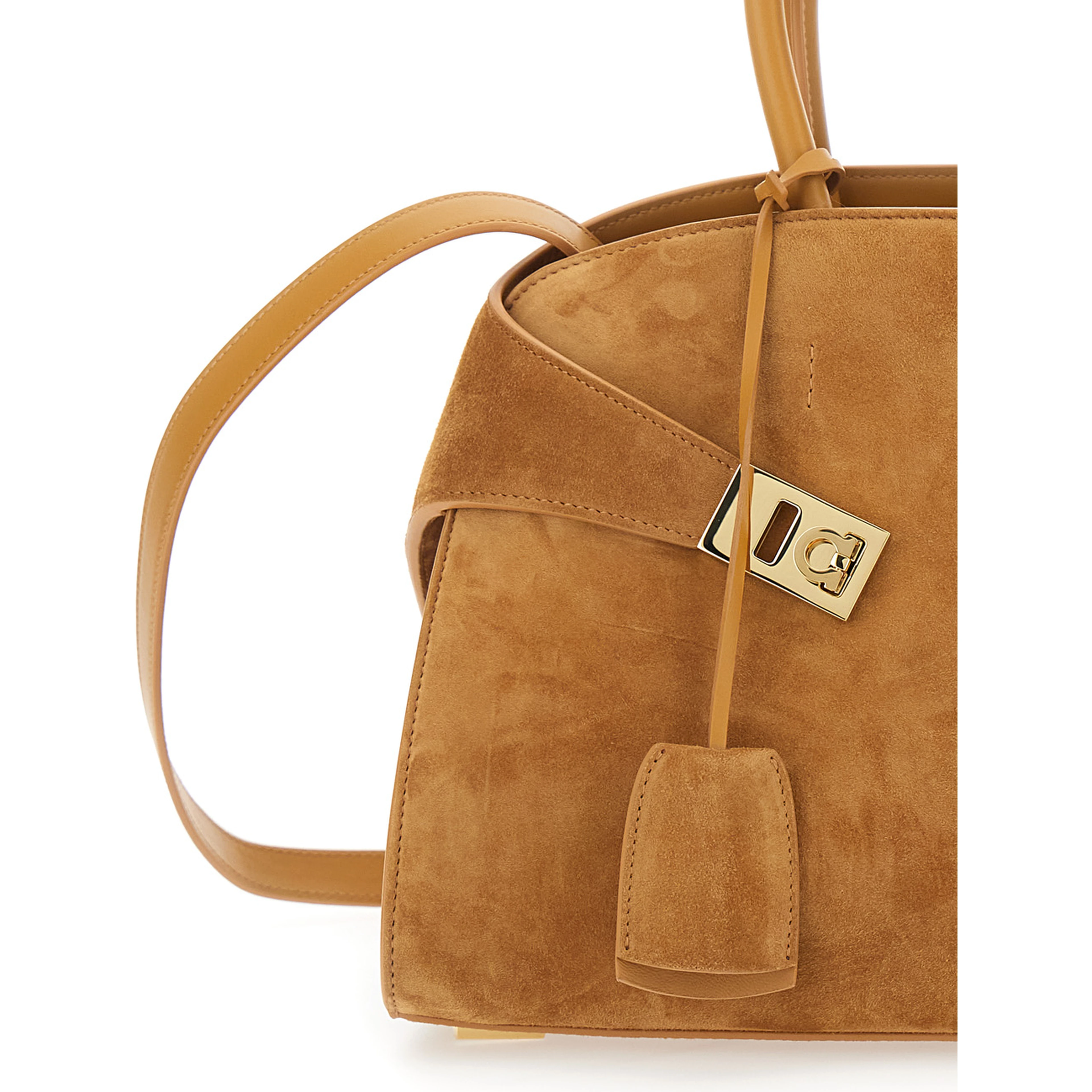 Handbag Hug Small with Logo and Gancini Buckles on the Front in Suede Beige Woman