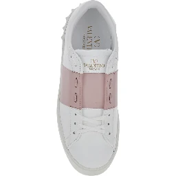 Open White Sneakers with Contrasting Pink Side Detail in Leather for Women