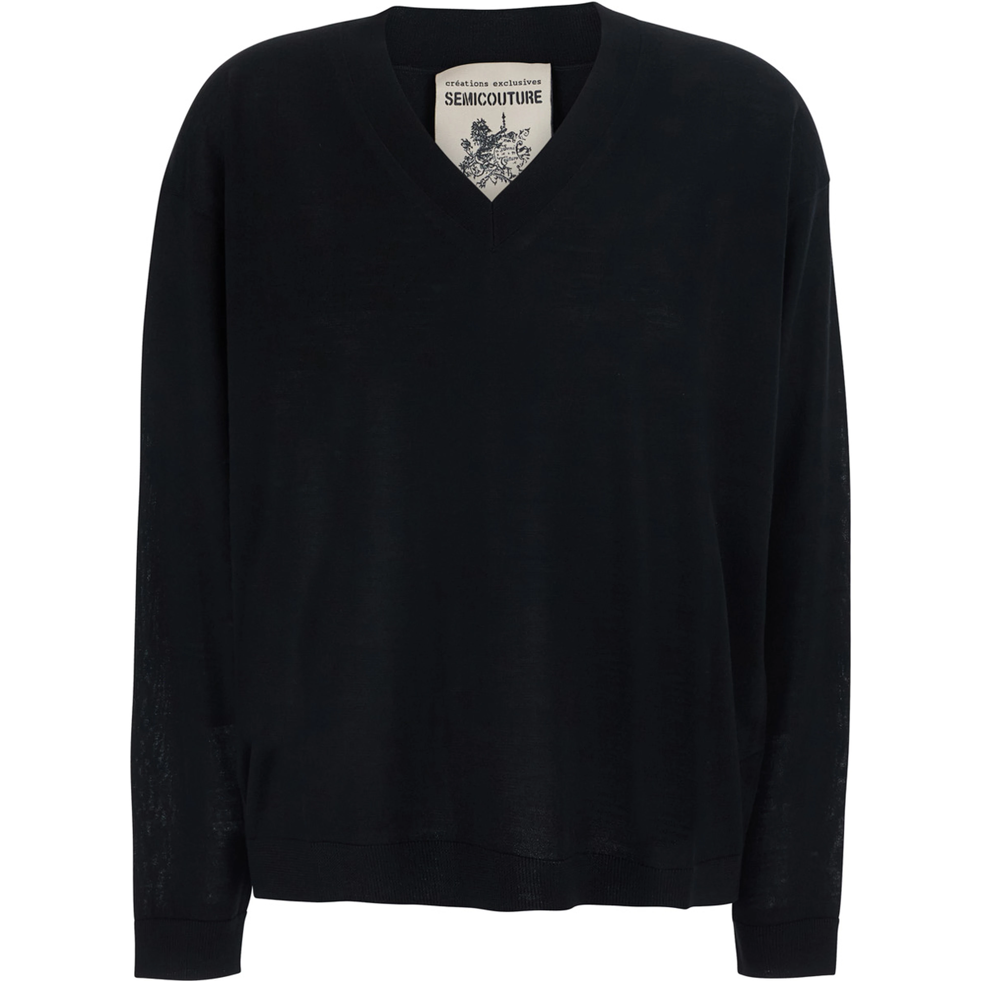 Jade V Neck Thin Wool Pull with V-neck and long sleeves in black Virgin Wool for women