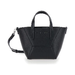 Duo Black Mini Bag with adjustable and removable shoulder strap and Logo lettering on the front in leather for women