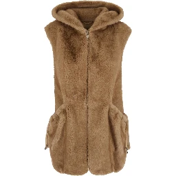 Beige Sleeveless Hooded Fur Jacket with Front Drawstring in Eco Fur for Women