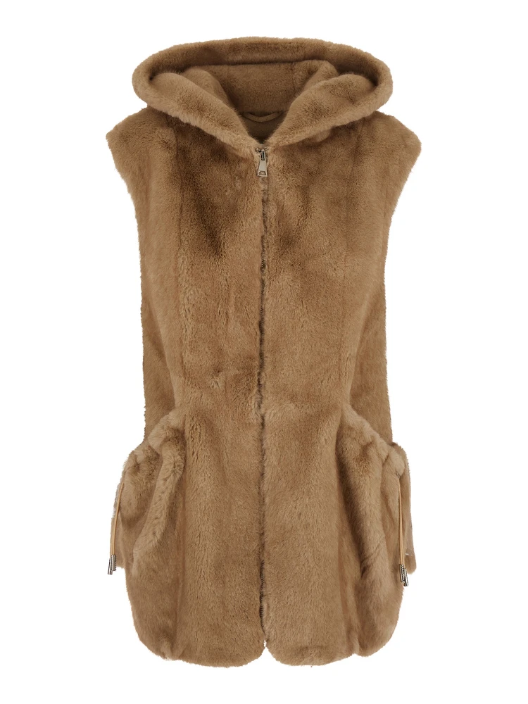 Beige Sleeveless Hooded Fur Jacket with Front Drawstring in Eco Fur for Women