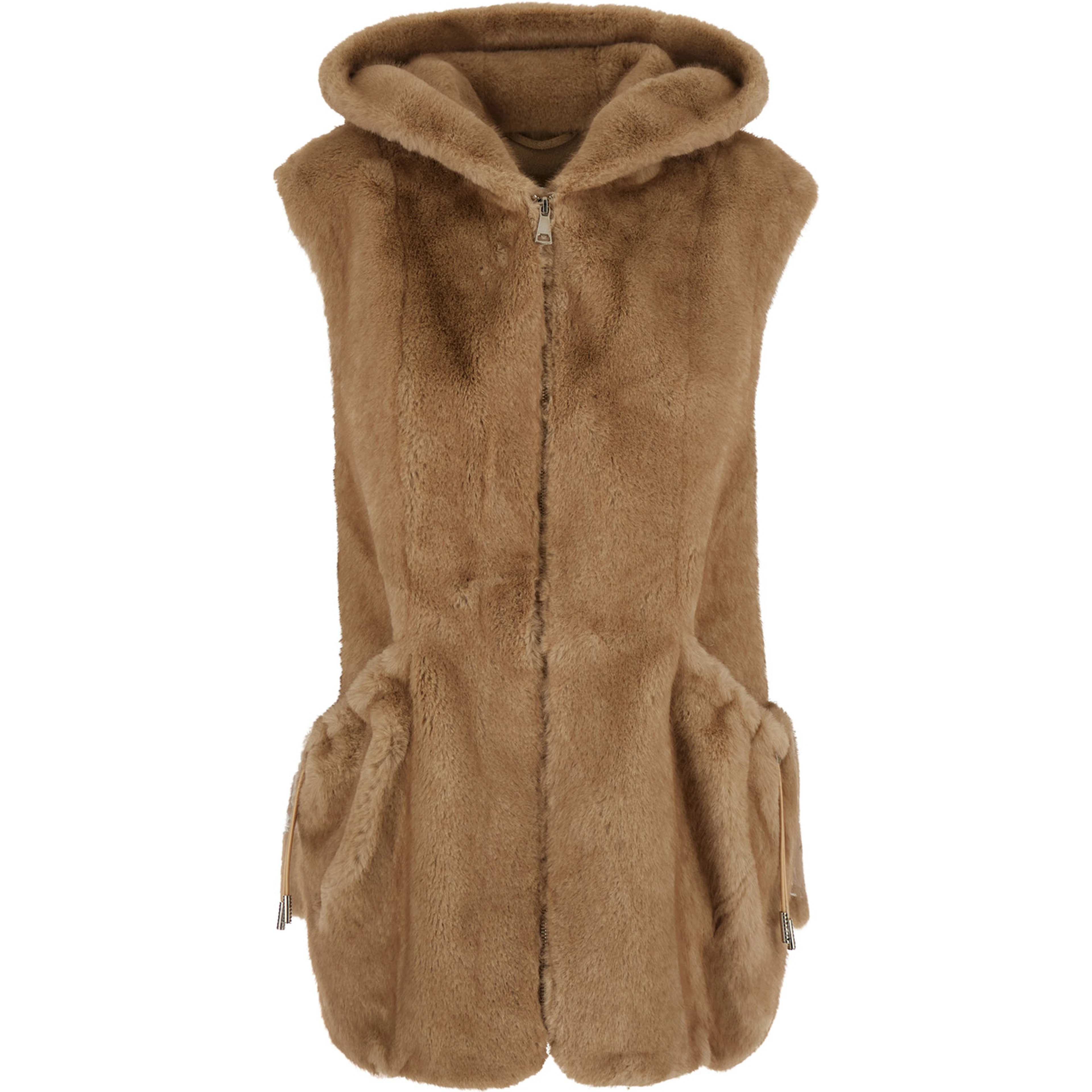 Beige Sleeveless Hooded Fur Jacket with Front Drawstring in Eco Fur for Women