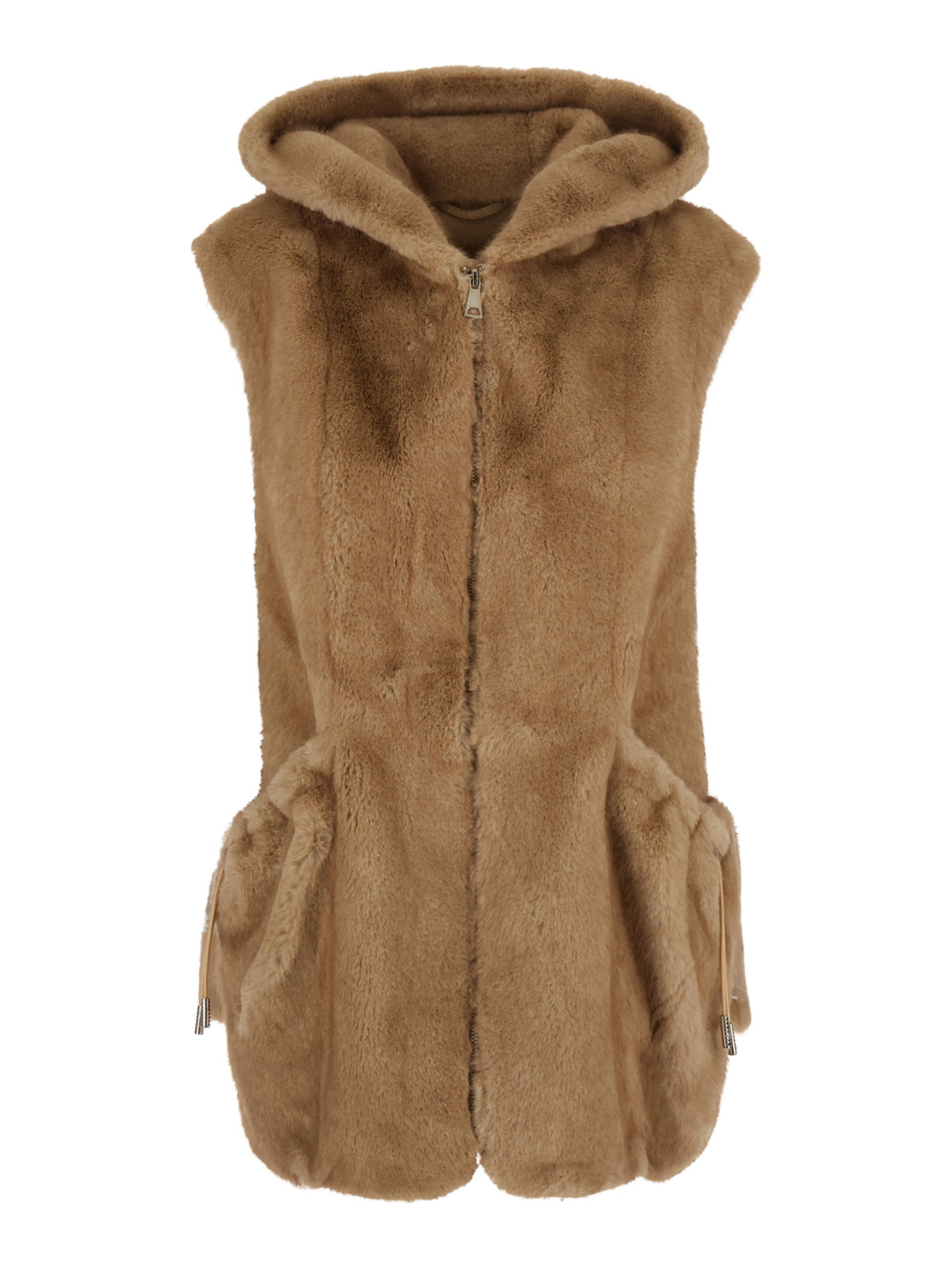 Beige Sleeveless Hooded Fur Jacket with Front Drawstring in Eco Fur for Women