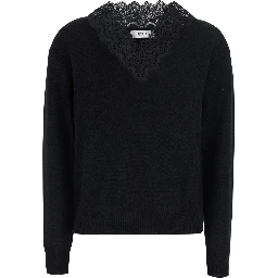 Black Sweater with V Neck with Lace Embroidery in Wool Blend for Women