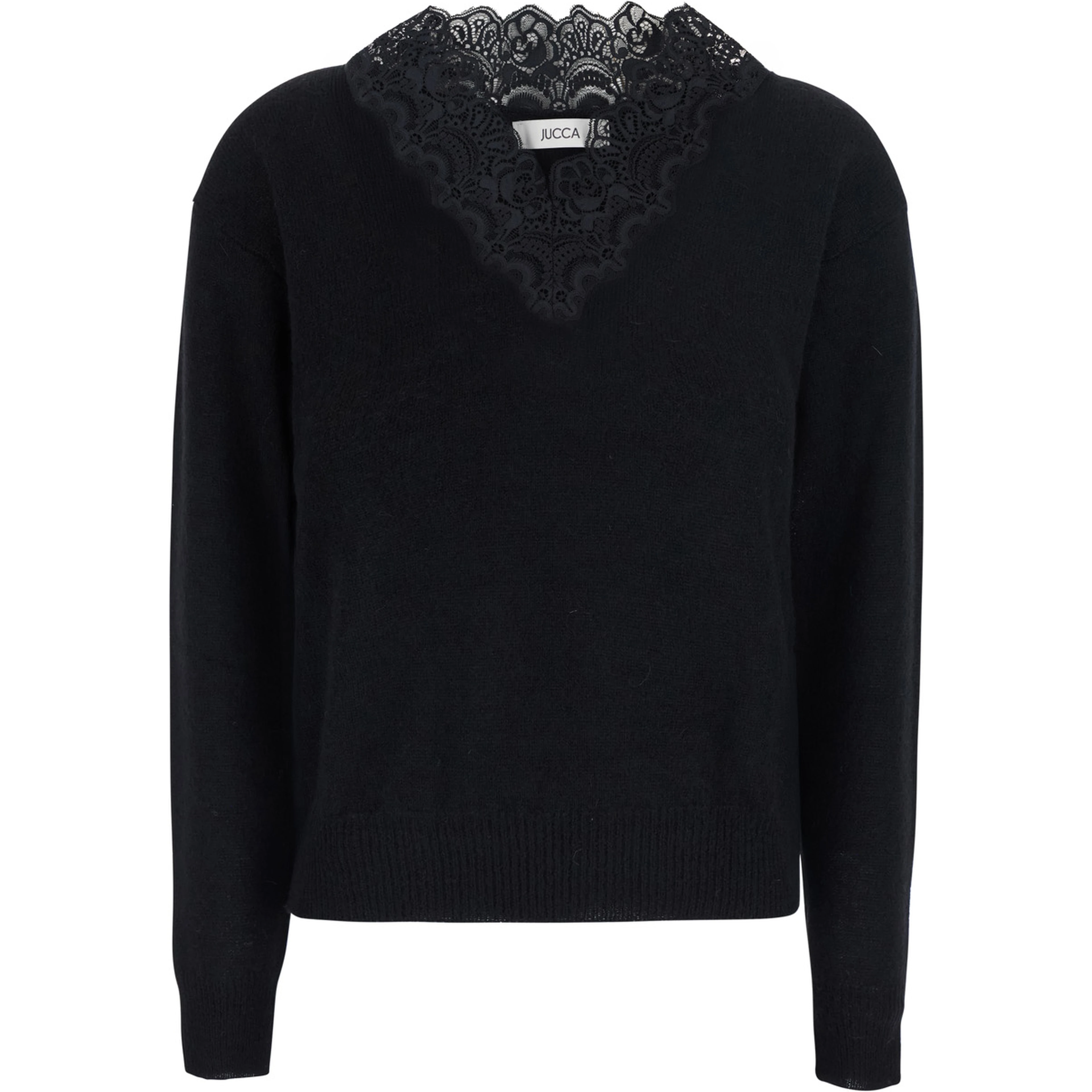 Black Sweater with V Neck with Lace Embroidery in Wool Blend for Women
