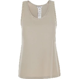 Pavido Beige Sleeveless Top with Round Neck and Tone-on-Tone Logo Embroidery on the Front in Silk for Women