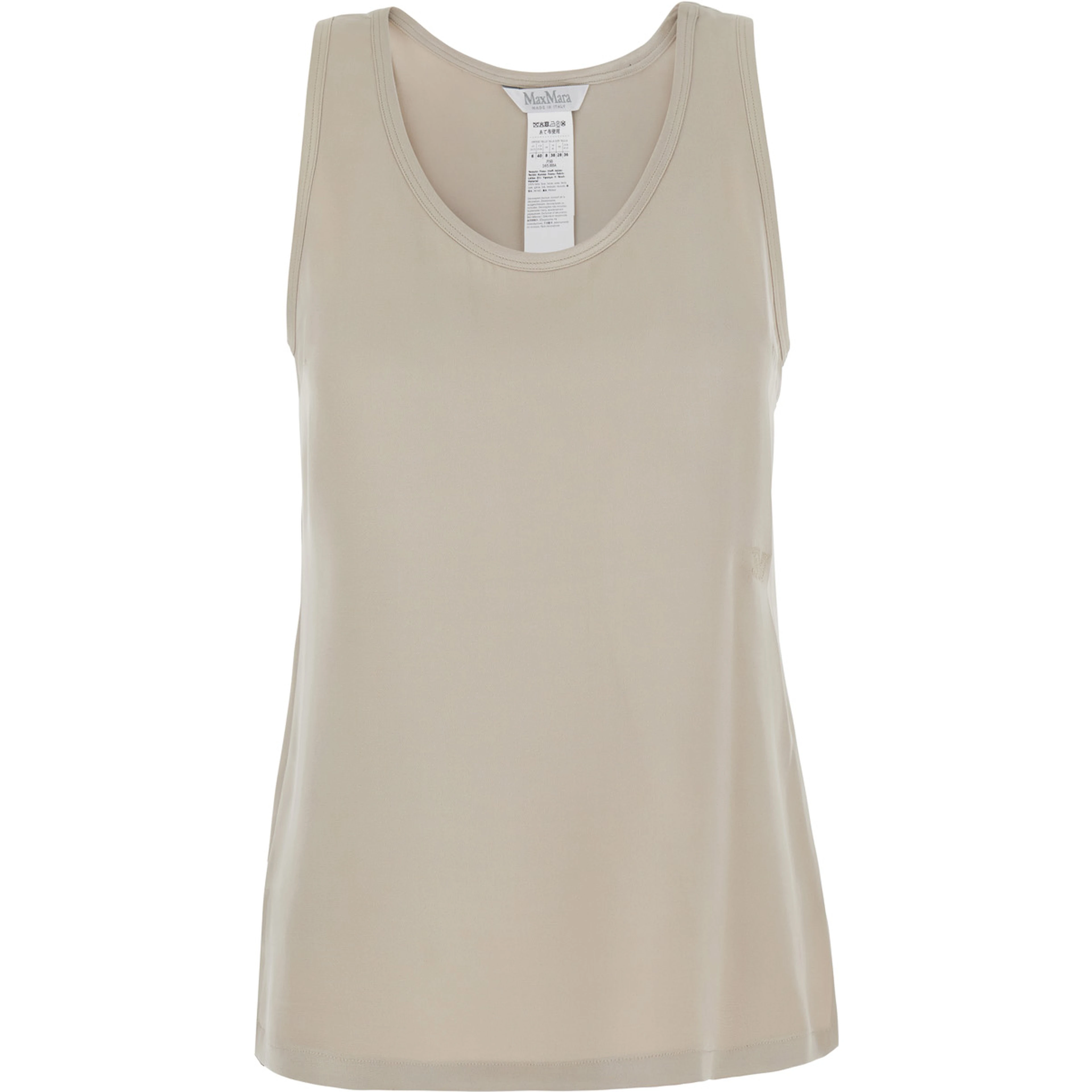 Pavido Beige Sleeveless Top with Round Neck and Tone-on-Tone Logo Embroidery on the Front in Silk for Women