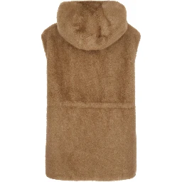 Beige Sleeveless Hooded Fur Jacket with Front Drawstring in Eco Fur for Women