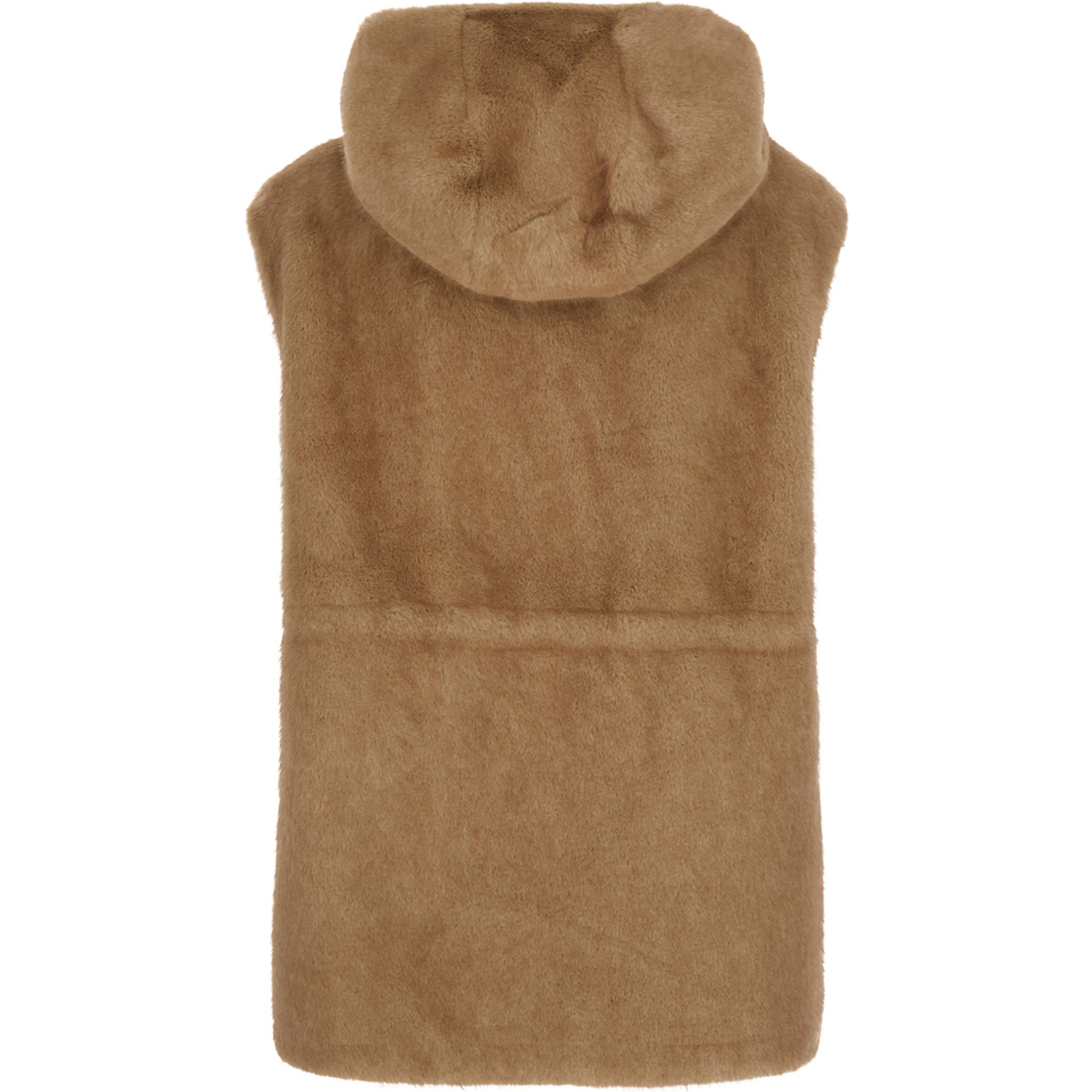 Beige Sleeveless Hooded Fur Jacket with Front Drawstring in Eco Fur for Women