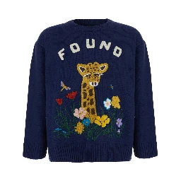 Wildlife Knit Sweater with round neck and long sleeves in Acrylic and Wool Blue Unisex