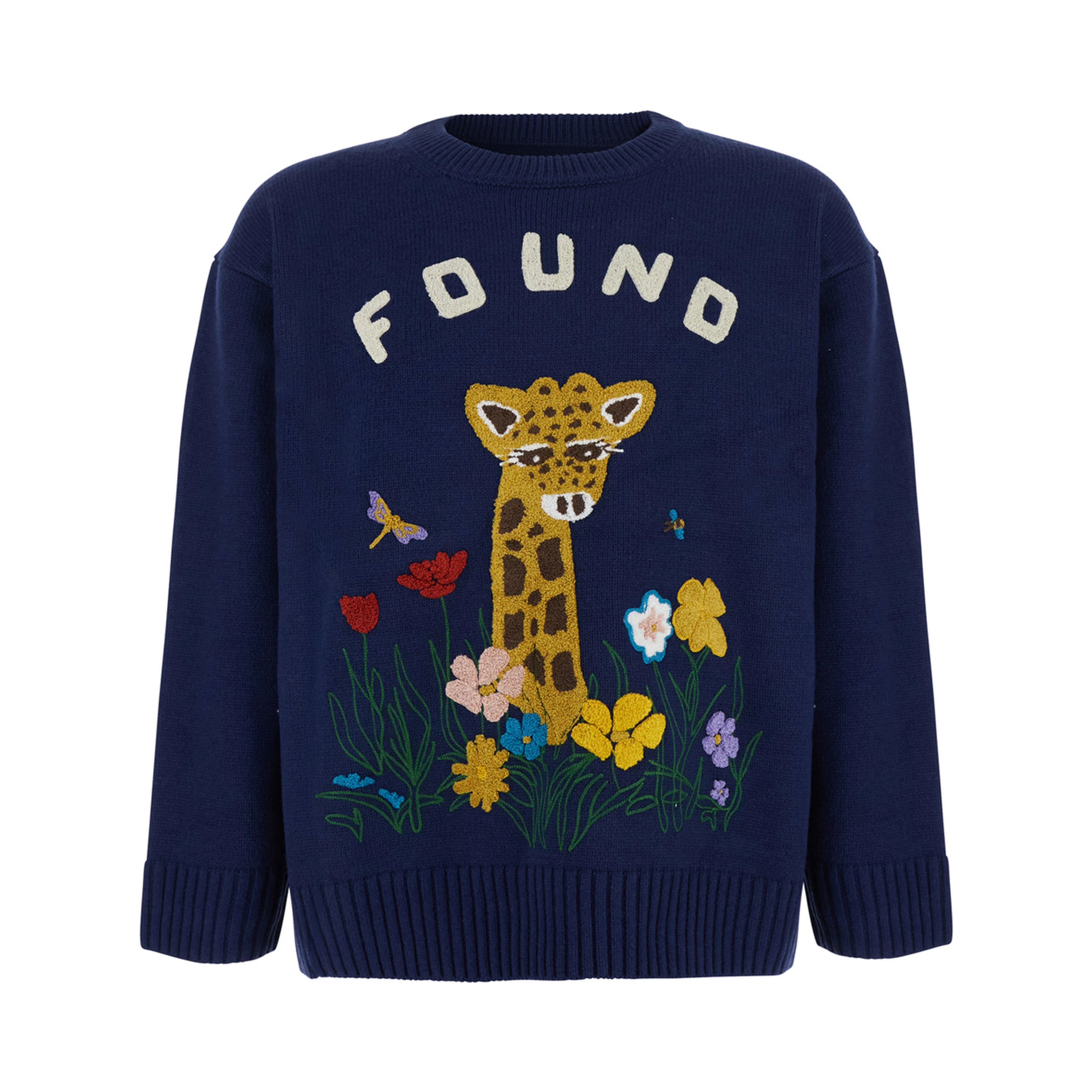 Wildlife Knit Sweater with round neck and long sleeves in Acrylic and Wool Blue Unisex