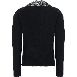 Black Sweater with V Neck with Lace Embroidery in Wool Blend for Women