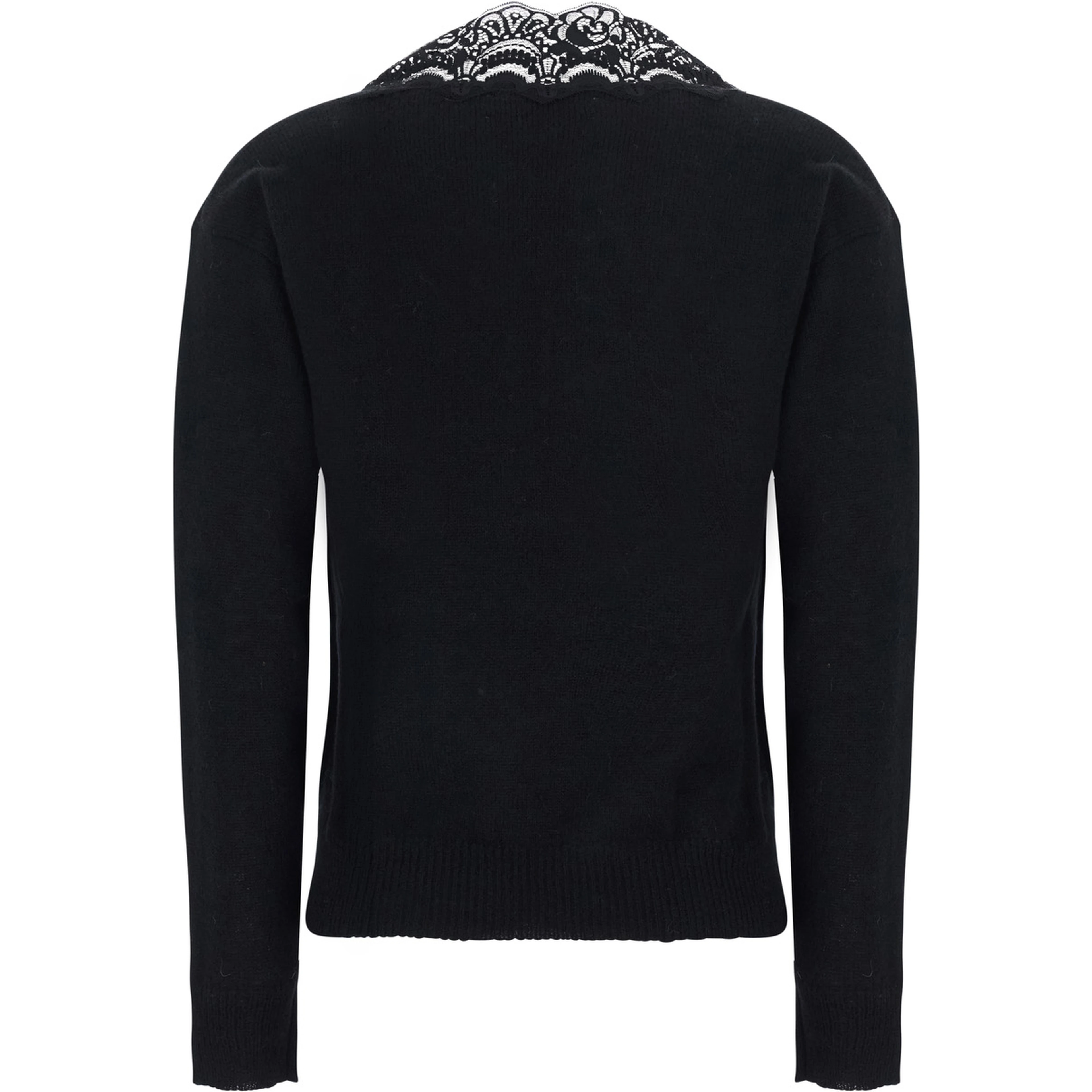 Black Sweater with V Neck with Lace Embroidery in Wool Blend for Women